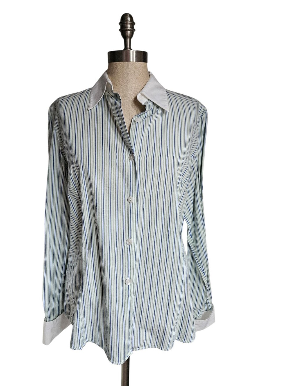 NEIMAN MARCUS Blue Striped White Collar Cuffs Tailored Button Down | SZ 12